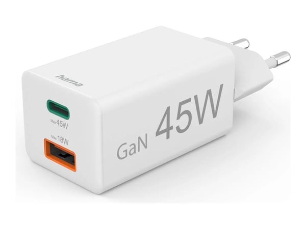 Hama - Strømadapter - 45 watt - 3 A - PD, QC 2.0, QC 3.0 - 2 utgangskontakter (USB-type A, USB-C) - hvit