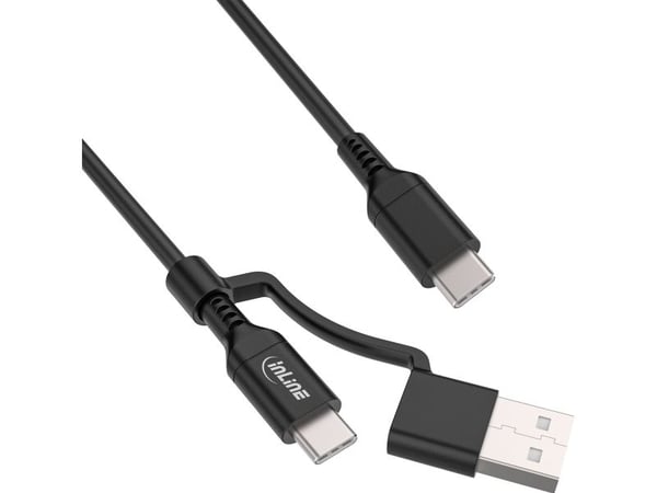 InLine® 2-in-1 USB-C-kaapeli + USB-A-sovitin, USB 2.0, 100W, TPE, musta, 2m, 2m