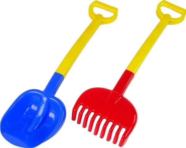 Sandsett med spade og rake, store, tofarget