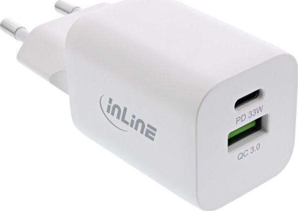 InLine lader Power Delivery + Quick Charge USB-nettadapter 33W, USB-A + USB-C, hvit