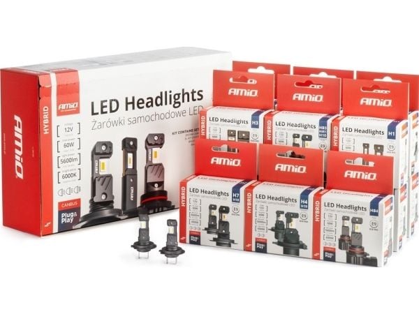 AMiO hybrid LED bilpærer serie H1 H3 H4 H7 HB3 HB4 6000K Canbus 16-pk AMIO-04120