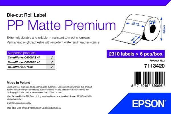 Epson Premium - Polypropylen (PP) - matt - permanent akryl-adhesiv - 76 x 51 mm 13860 etikett(er) (6 rull(er) x 2310 boks - stanseskårne etiketter