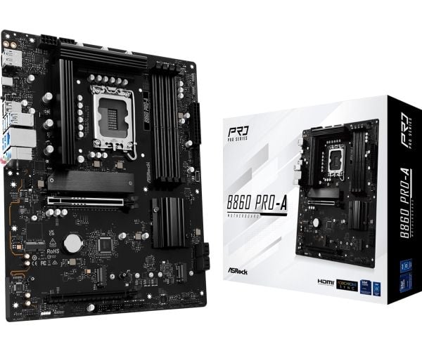ASRock B860 Pro-A - Emolevy - ATX - LGA1851-asennuspaikka - B860 piirisarja - USB-C 3.2 Gen 2x2, USB-C 3.2 Gen2, USB 3.2 Gen 2, USB 3.2 Gen 1 - 2.5...