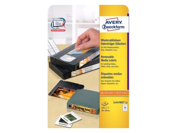 Avery Media Labels L4747 - Fjernbart adhesiv - 50 x 59 mm 375 stk (25 ark x 15) merkelapper
