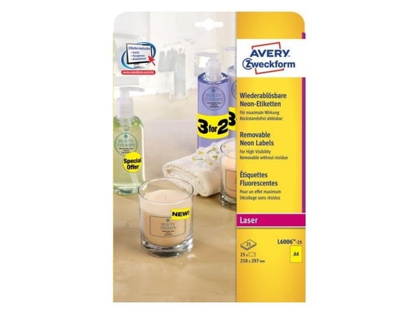 Avery L6006-25, Keltainen, Pyöristetty suorakulmio, Irroitettava, A4, Paperi, 1 kpl