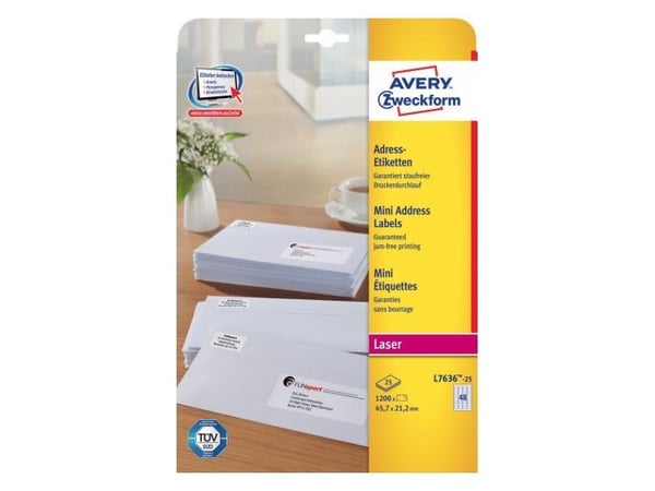 Avery Zweckform L7636 - Klæbemiddel - 21,2 x 45,7 mm 1200 etikett(r) (25 ark x 48) etiketter