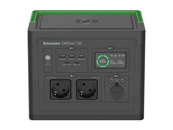 Schneider OffGrid 730 - Bærbar strømstasjon - LCD, litium-ion, 2 CEE 7/3 schuko-kontakter, sinuskurve, 3 USB-A, 1 USB-C, trådløs lader - AC 195 - 2...