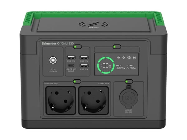 Schneider OffGrid 330 - Bærbar strømstasjon - LCD, litium-ion, 2 CEE 7/3 schuko-kontakter, sinuskurve, 3 USB-A, 1 USB-C, trådløs lader - AC 230 V -...