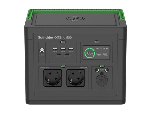 Schneider OffGrid 500 - Bærbar strømstasjon - LCD, litium-ion, 2 CEE 7/3 schuko-kontakter, sinuskurve, 3 USB-A, 2 USB-C, trådløs lader - AC 195 - 2...