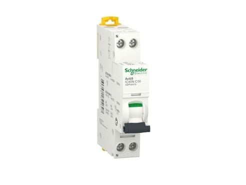 SCHNEIDER ELECTRIC Acti9 automatsikring, 1P + N, 16A, 230V 6/10 kA, C-karakteristik, enkelt terminal, bredde 18 mm