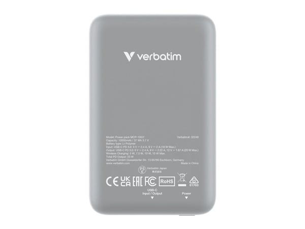 Verbatim Charge 'n' Go - Trådløs nødlader - magnetmontering - Li-pol - 10000 mAh - 20 watt - 2.4 A - Apple Fast Charge, PD 3.0, QC 3.0, Apple 2.4A,...