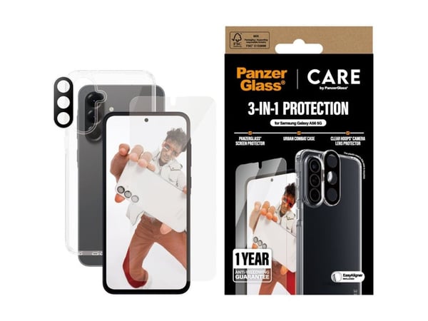 CARE by PanzerGlass - 3-i-1 beskyttelsespakke - beskyttelsesboks for mobiltelefon - robust - flaggskip - polyethlen-tereftalat (PET), herdet glass ...
