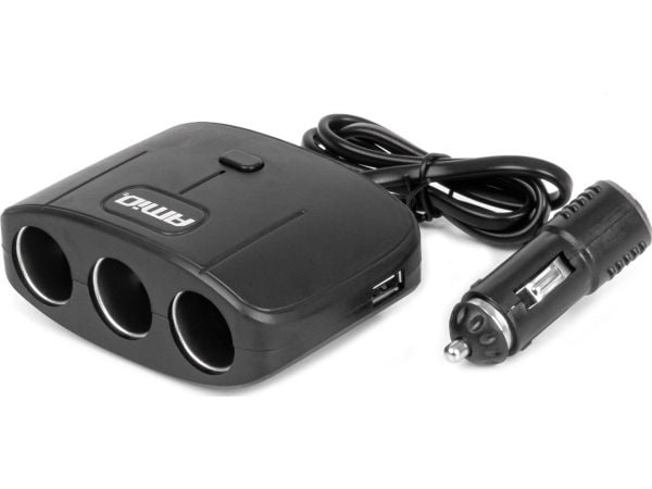 AMiO lader/fordeler til bil, 2x USB-A med on/off, 12V/24V, 100W, 70 cm amio-04362
