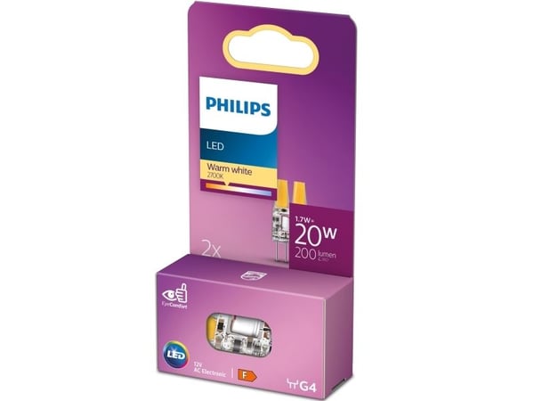 Philips - LED-lyspære - form: kapsel - klar finish - G4 - 1.7 W (ekvivalent 20 W) - klasse F - varmt hvitt lys - 2700 K (en pakke 2)