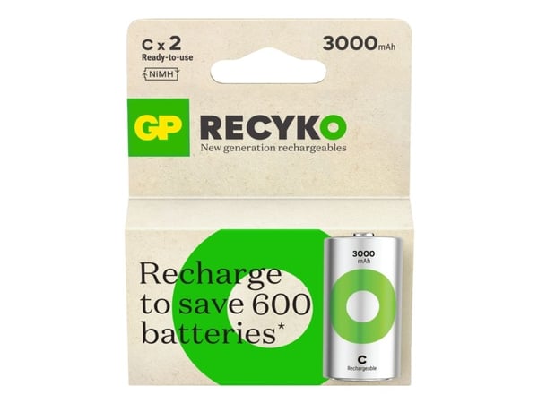 GP Batteries ReCyko Pro RECYKO C, Oppladbart batteri, C, Nikkelmetallhydrid (NiMH), 1,2 V, 2 stykker, 3000 mAh GP Batteries ReCyko Pro RECYKO C, Oppladbart batteri, C, Nikkelmetallhydrid (NiMH), 1,2 V, 2 stykker, 3000 mAh