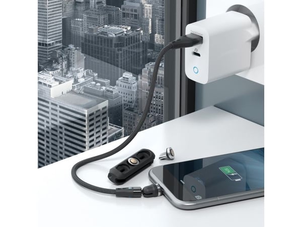 Kaapeli USB Realpower RealPower Magneettinen kaapeli 3 Amp, 20cm, musta, sovittimien kanssa