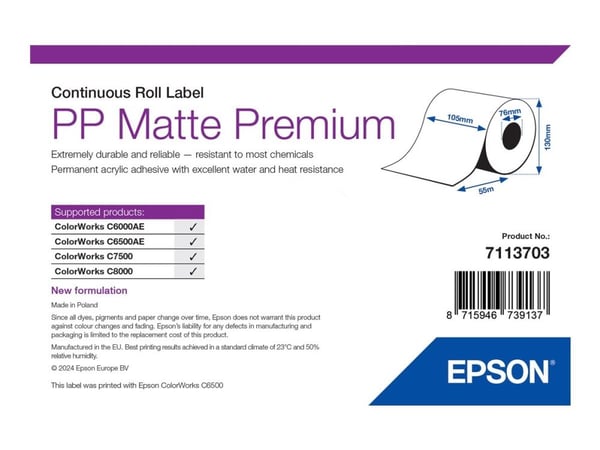 Epson Premium - Polypropylen (PP) - matt - permanent akryl-adhesiv - Rull (10,5 cm x 55 m) 1 rull(er) sammenhengende etiketter - for ColorWorks C75...