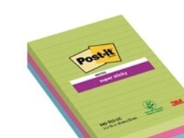 Post-it® Super Sticky Large Notes, regnbuefarver, 3 linj. blokke, 101mm x 152mm