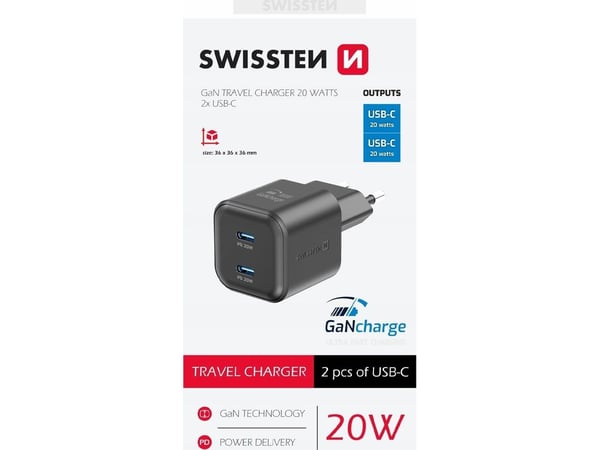 Swissten GaN PD 2x USB-C reiselader 20W