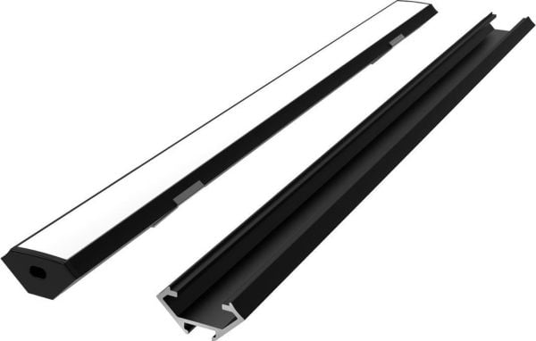 LED profilio komplektas, 2m, kampinis, juodas, su baltu dangteliu, laikikliais ir aklemis