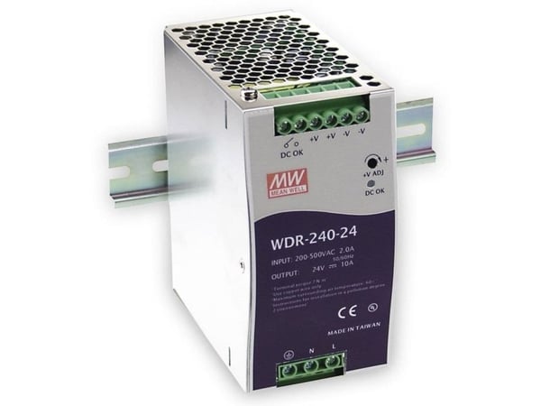 MEAN WELL WDR-240-48, 240 W, 180 - 550 V, 47 - 63 Hz, 18 ms, 91%, Ylijännite, Ylikuumeneminen, Ylikuormittaa, Oikosulku