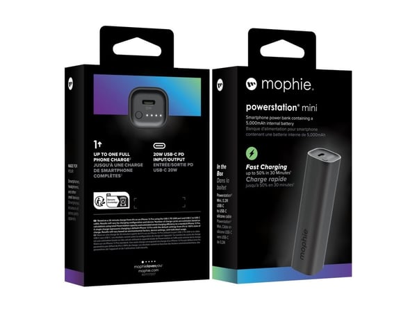 mophie powerstation mini - Strømbank - 5000 mAh - 20 watt - PD (USB-C) - på kabel: USB-C - svart