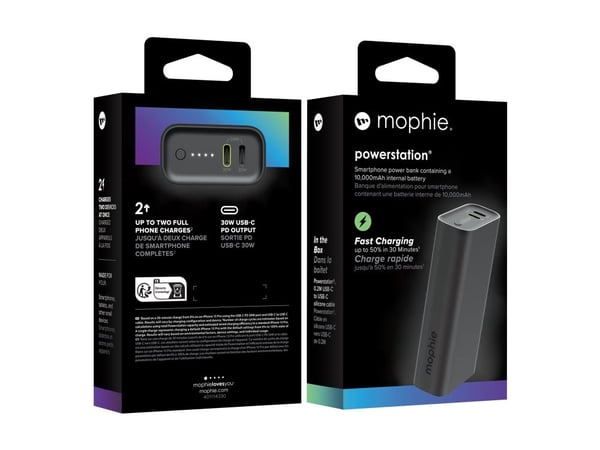 mophie powerstation - Strømbank - 10000 mAh - 30 watt - PD - 2 utgangskontakter (USB-C) - svart