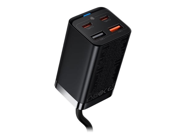 Baseus - Strømadapter - GaN3 Pro - 65 watt - 3 A - PD, QC, AFC - 4 utgangskontakter (2 x USB-C, 2 x USB) - på kabel: USB-C - svart