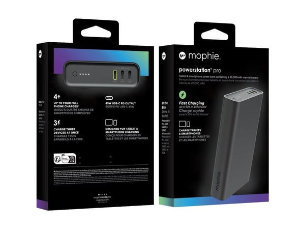 mophie powerstation pro - Strømbank - 20000 mAh - 30 watt - PD - 3 utgangskontakter (USB-C) - svart