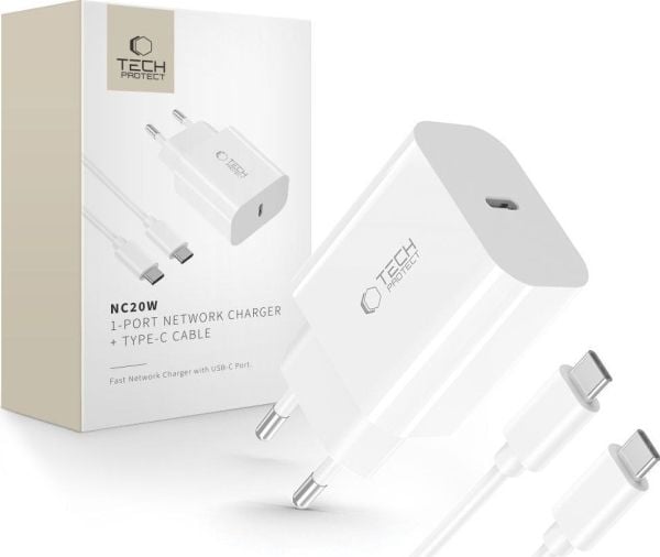 TECH-PROTECT NC20W 1-PORT NETWORK CHARGER PD20W + TYPE-C CABLE WHITE TECH-PROTECT NC20W 1-PORT NETWORK CHARGER PD20W + TYPE-C CABLE WHITE