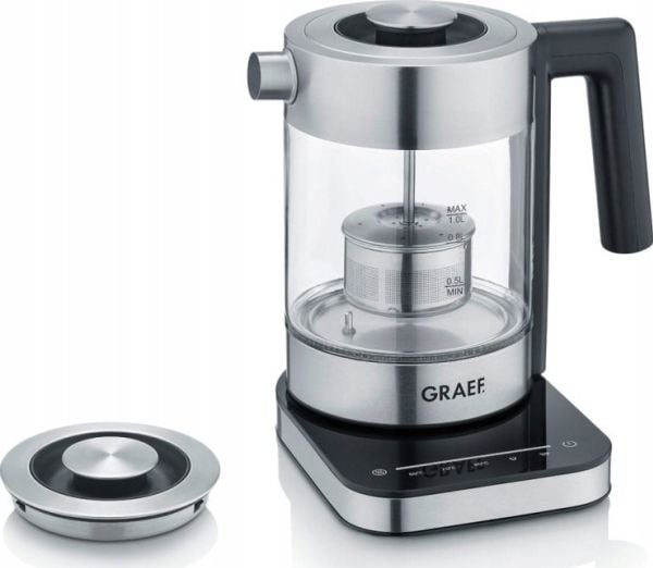 Graef WK350, 1 L, 2000 W, Musta, Ruostumaton teräs, Läpinäkyvä, Lasi, Veden tason ilmaisin, Ylikuumenemissuoja