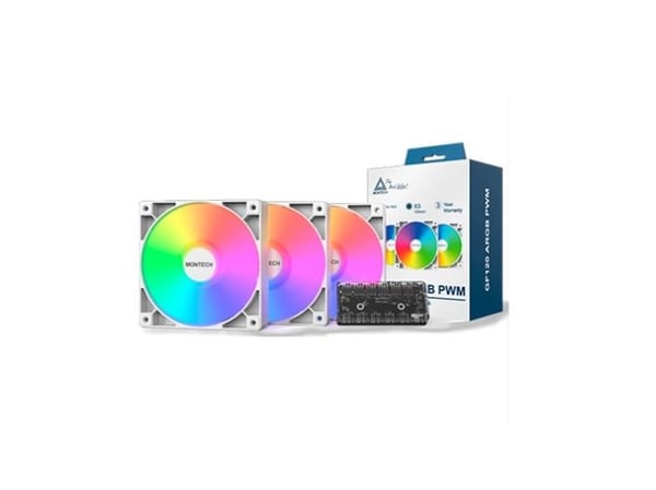 Montech GF120 PWM ARGB-vifte, 3-pak - 120 mm, hvit (GF120 ARGB PWM (W) 3 IN 1)