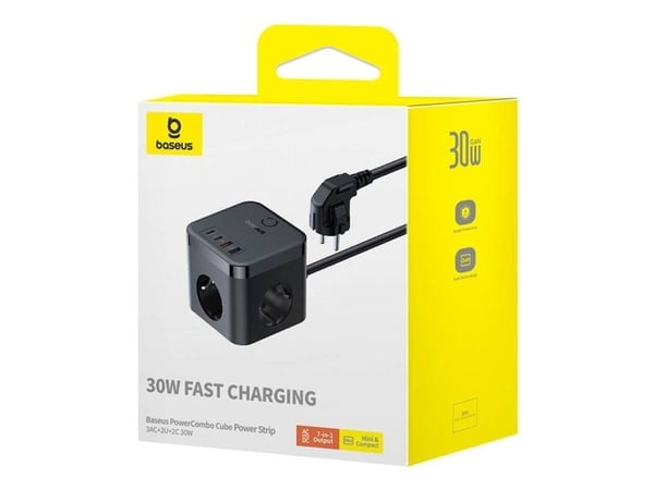 Baseus PowerCombo 3AC+2U+2C 30W seinälaturi, 1.5m (musta)