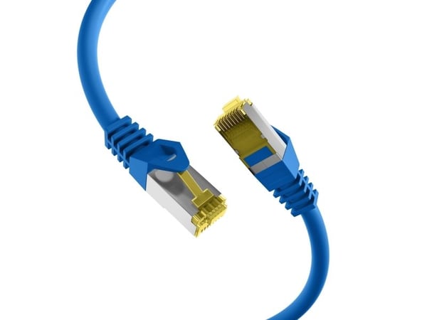 RJ45 patchkabel S/FTP, Cat.6A, LSZH, Cat.7 råkabel, 0,15m, blå Den skjermede Cat.6A RJ45 patchkabelen sikrer svært gode egenskaper for 10 Gigabit E...
