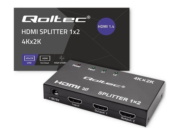 Qoltec - Video-/audiosplitter - aktiivinen, erittäin vakaa - 2 x HDMI - pöytätietokone - DC