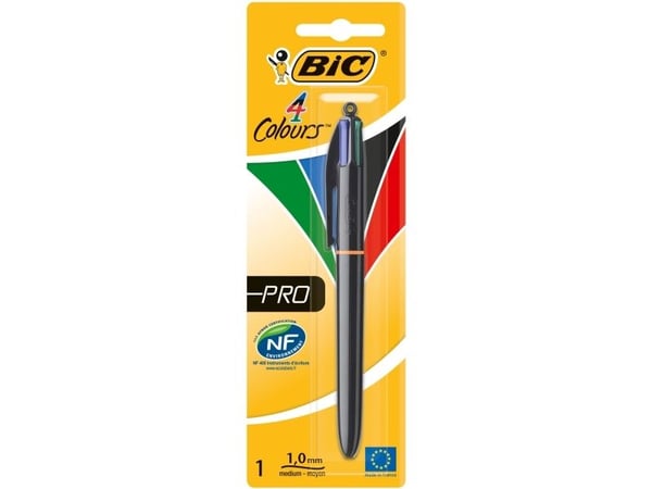 BIC 4 Colours Pro, Fastklämbar, indragbar kulspetspenna, Svart, Blå, Grön, Röd, 1 styck