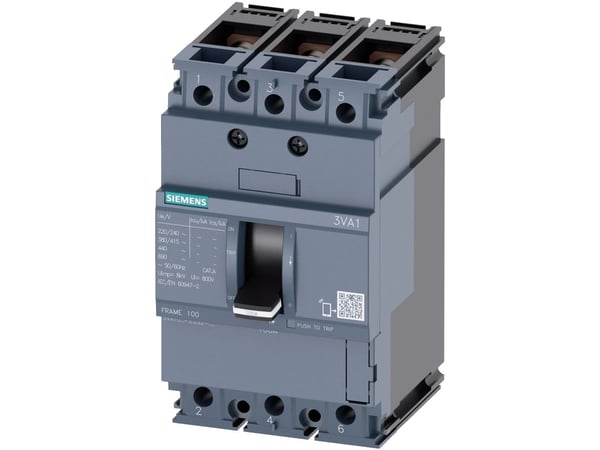 Siemens 3VA1010-4ED32-0AA0 Strömbrytare 1 st Inställningsområde (ström): 100 - 100 A Kopplingsspänning (max.): 690 V/AC (B x H x D) 76,2 x 130 x 70 mm