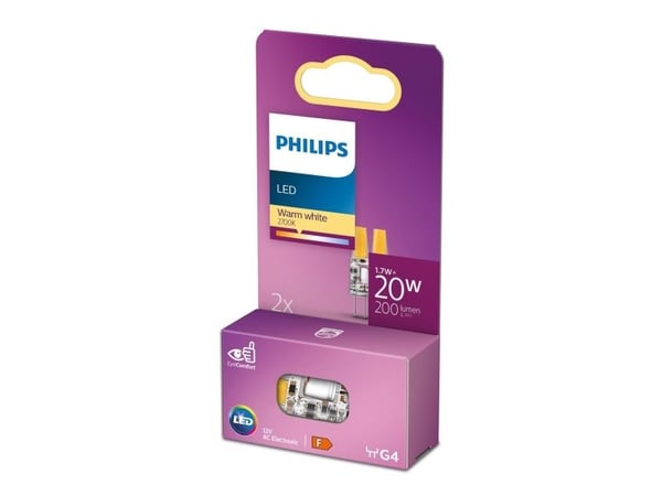 Philips - LED-lyspære - form: kapsel - klar finish - G4 - 1.7 W (ekvivalent 20 W) - klasse F - varmt hvitt lys - 2700 K (en pakke 2)