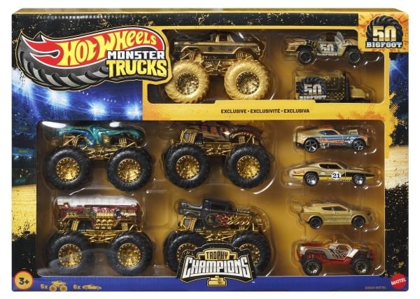 Hot Wheels Monster Trucks Trophy Champions valikoima, Ajoneuvosetti, 3 vuosi/vuosia, Muovi, Metalli, Kulta, Monivärinen