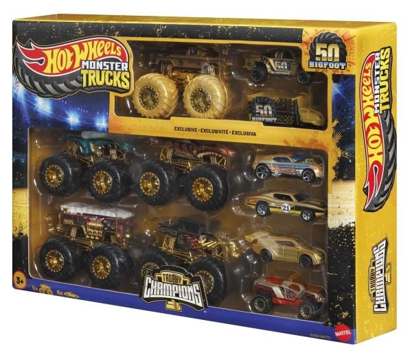 Hot Wheels Monster Trucks Trophy Champions Collection, 5 leketrucker og 6 metallstøpte lekebiler i målestokk 1 : 64, Kjøretøysett, 3 år, Plast, Met...
