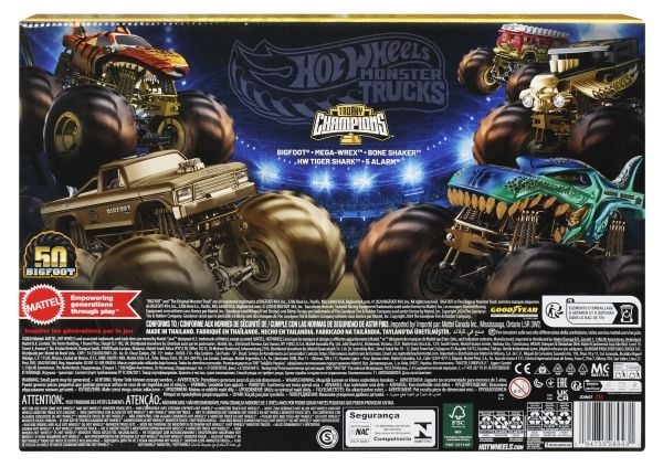 Hot Wheels Monster Trucks Trophy Champions Collection, 5 leketrucker og 6 metallstøpte lekebiler i målestokk 1 : 64, Kjøretøysett, 3 år, Plast, Met...