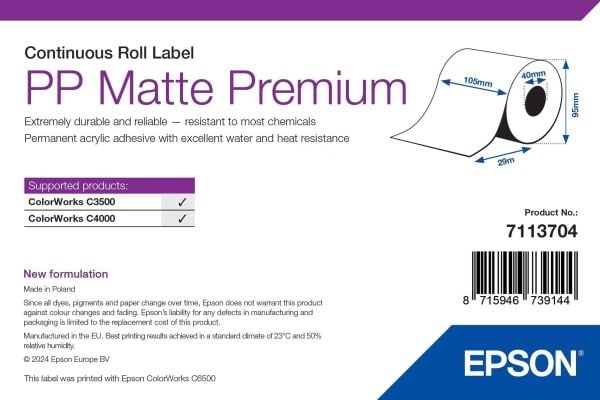 Epson Premium - Polypropylen (PP) - matt - permanent akryl-adhesiv - Rull A6 (10,5 cm x 29 m) 1 rull(er) sammenhengende etiketter - for ColorWorks ...
