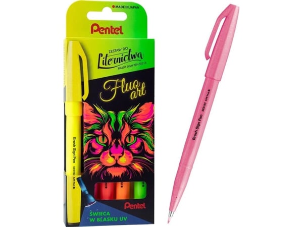 Pentel Brush Sign Pen Fluo Art UV set med 5 färger