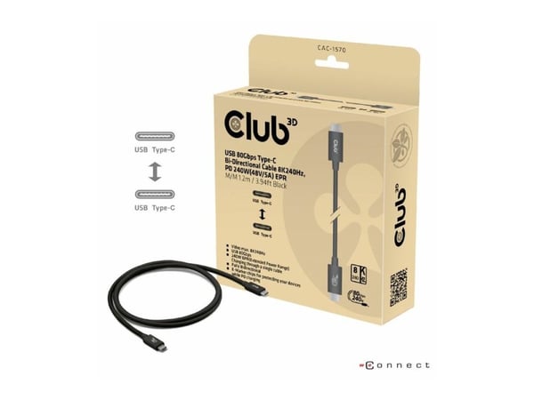 Club 3D - USB-kabel - 24 pin USB-C (hann) til 24 pin USB-C (hann) - USB4 - 48 V - 5 A - 1.2 m - toretnings, opp til 240 W strømforsyningsstøtte, ut...