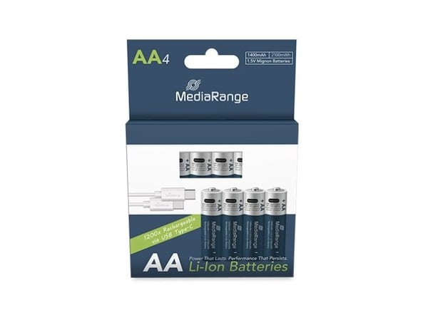 MediaRange MRBAT161, Oppladbart batteri, AA, Lithium-Ion (Li-Ion), 1,5 V, 4 stykker, 1400 mAh