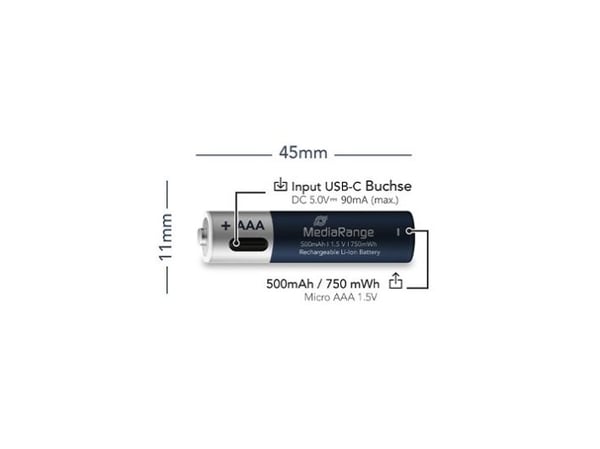 MediaRange MRBAT160, Oppladbart batteri, AAA, Lithium-Ion (Li-Ion), 1,5 V, 4 stykker, 500 mAh