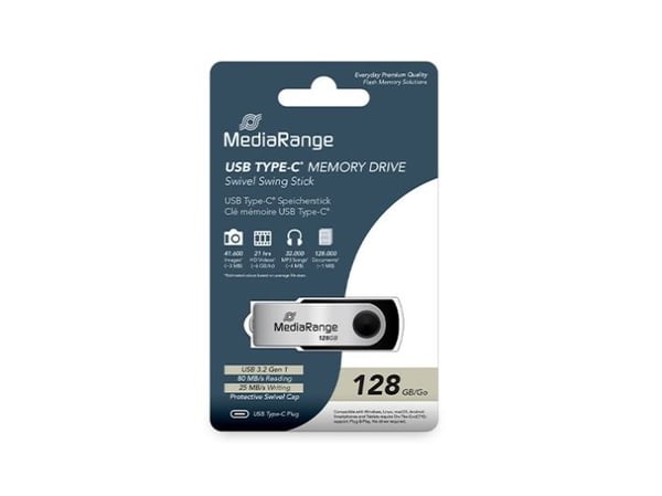MediaRange MR1954, 128 GB, USB Type-C, 3.2 Gen 1 (3.1 Gen 1), 80 MB/s, Taittuva, musta, Hopea