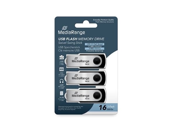 MediaRange - USB-flashstasjon - 16 GB - USB 2.0 - svart, grå (en pakke 3)