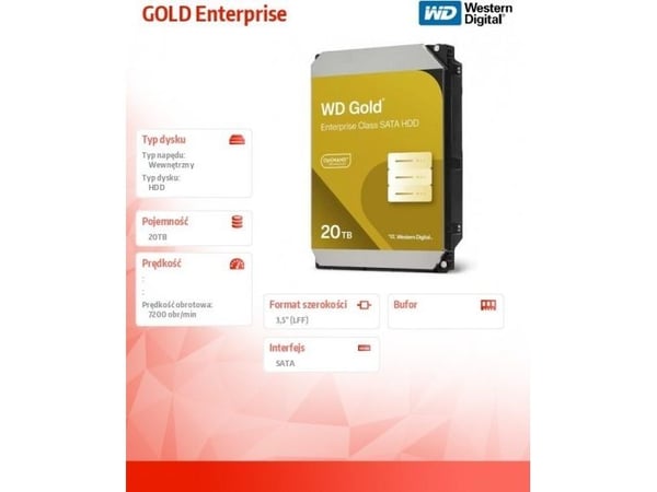 WD Gold WD203KRYZ - Kiintolevy - Enterprise - 20 TB - sisäinen - 3,5" - SATA 6Gb/s - 7200 rpm - puskuri: 512 MB