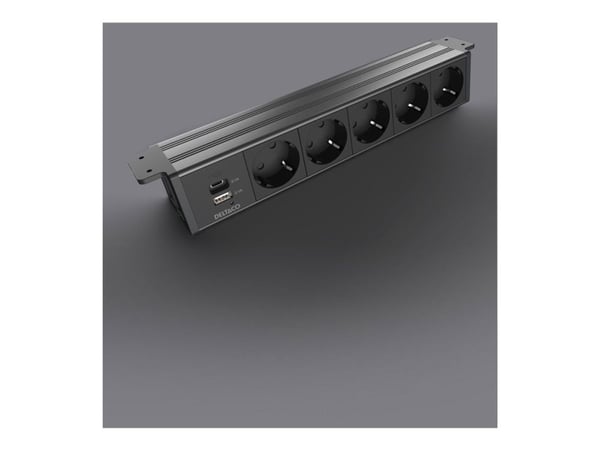 Deltaco OFFICE Under-desk Outlet angled,5 outlet,1x21W A+C USB,GST18, AC + USB A + USB C, CEE 7/3, Vastaanotto, musta, Alumiini, Muovi, 50/60 Hz